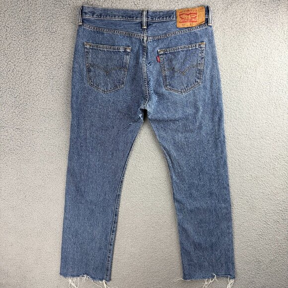 Levis 501 Jeans Mens 34x34 Pants Blue Stonewash Frayed Hem Button Straight Denim - Picture 3 of 12